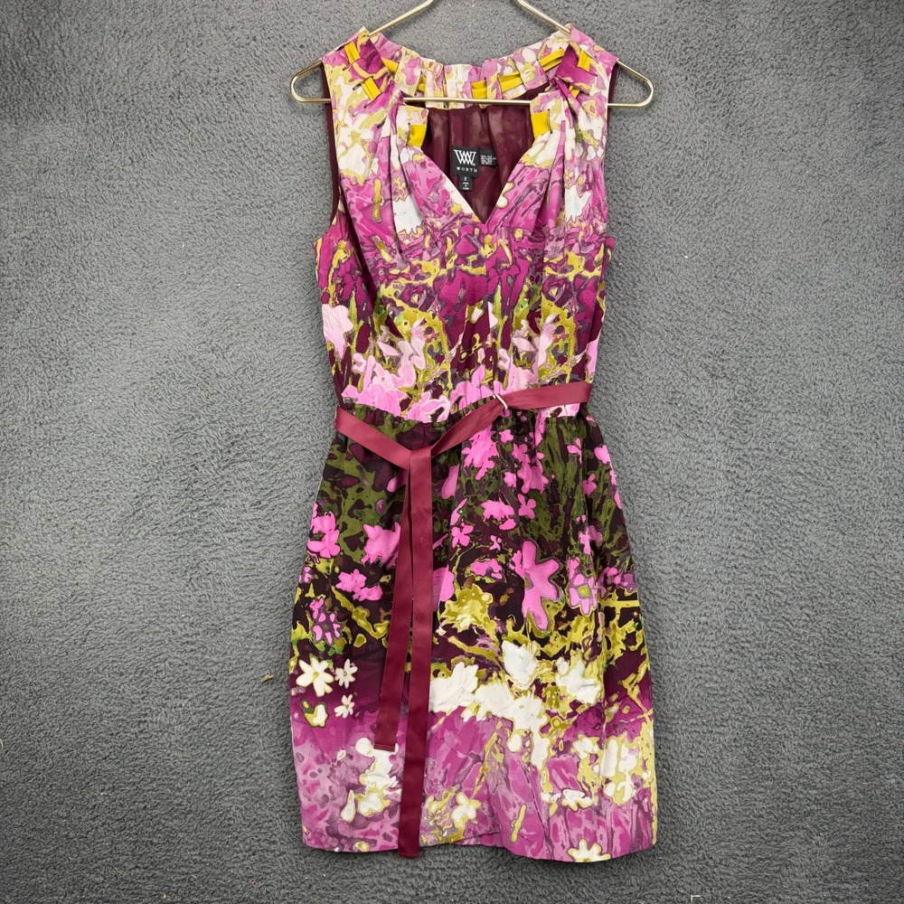 Worth Women 2 Pink Green Floral 100% Silk Sleeveless Belted V-Neck Sheath Dress